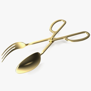 3D Scissor Serving Tongs with Fork and Spoon Gold