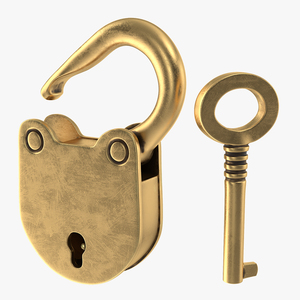 Vintage Brass Padlock with Skeleton Key 3D model
