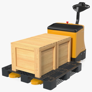 3D Yellow Powered Pallet Truck with Wooden Crates