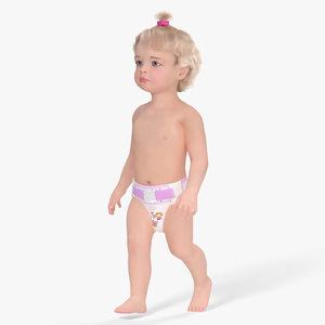 3D One Year Old Girl in Diaper Fur Rigged model