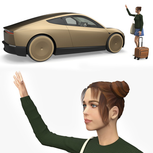 Female Waving Tesla Cybercab Robotaxi 3D