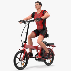 3D Cyclist on Foldable Red E-Bicycle model