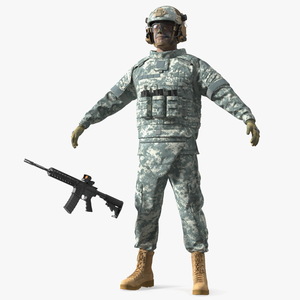 Soldier in Grey Gear and Assault Rifle A-pose Fur 3D model