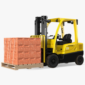 3D Forklift Toyota with Red Bricks Stacked on Wooden Pallet Rigged model