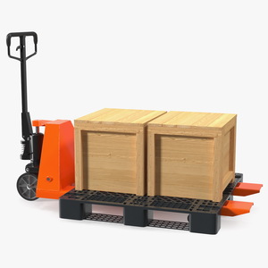 Orange Pallet Jack with Wooden Crates 3D