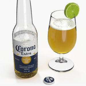3D model Opened Beer Bottle Corona with Glass and Lime