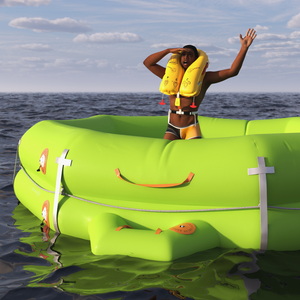 3D model Man in Life Vest on Inflatable Raft