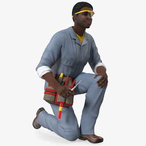 Dark Skin Black Man Electrician Inspecting Pose 3D