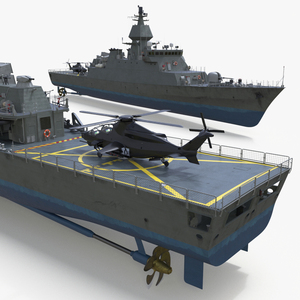 Armed Warship Naval with Combat Helicopter Rigged 3D model