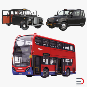 3D London Bus and Taxi Rigged Vehicle Set model