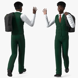 Black Teenager Dark Skin School Uniform Walking 3D