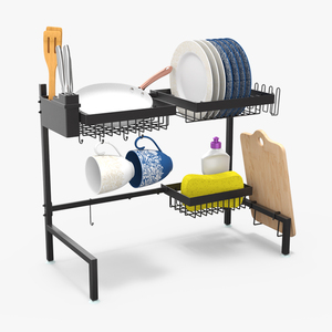 Over Sink Dish Drying Metal Rack with Kitchenware 3D model