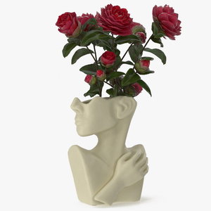 Designer Bust Vase Beige with Flowers 3D