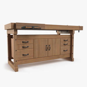 3D Oak Workbench with Drawers and Cabinet model