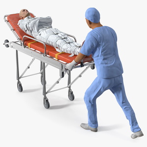 3D Paramedic Pushing Stretcher with Straitjacket Patient model