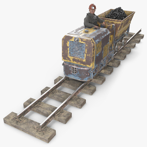 3D Old Mining Locomotive with Cart and Miner