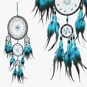 Dreamcatcher with Blue Feathers Five Rings 3D