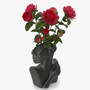 3D Ceramics Bust Vase Black with Camellia model