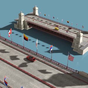 3D model Drawbridge with Cars and Flags