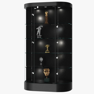 Curved Wall Display Case Black with Trophies 3D model