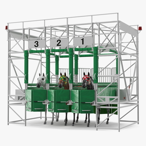 3D model Starting Gates with 3 Racing Horses