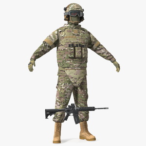 3D Military Soldier in Green Camo A-pose Fur