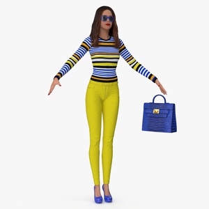 3D Fashionable Caucasian Female Character T-pose with Handbag model