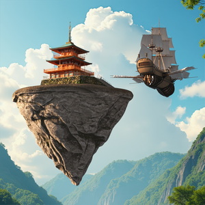 3D Flying Ship with Floating Island and Pagoda model