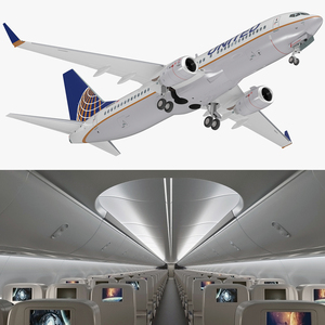 3D United Airlines Boeing 737 with Cockpit and Cabin Rigged