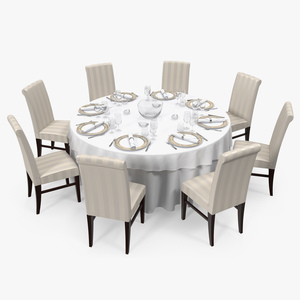 Round Dining Served Table with Chairs 3D