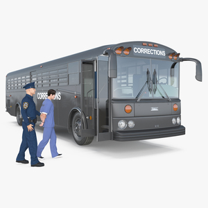 3D model Officer and Asian Inmate with Prison Transport Bus