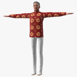 Asian Old Aged Man Traditional Wear T-Pose 3D