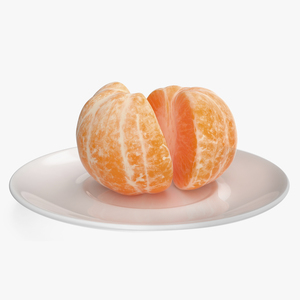 3D Peeled Tangerine Fruit Split in Half on White Plate