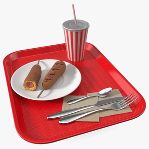 Fast Food Tray with Corn Dogs and Beverage 3D