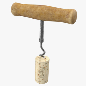 3D model T-Style Corkscrew with Wooden Handle and Cork