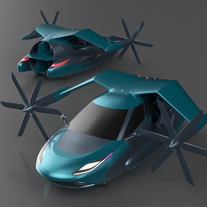 3D Concept Flying Car in Turquoise Color with Propellers model