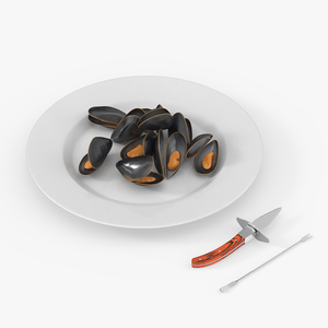 3D Boiled Mussels with Seafood Knife Fork model