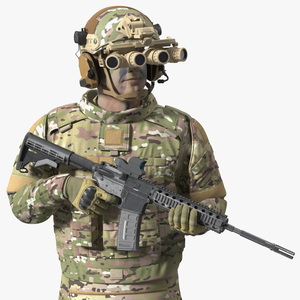 Soldier in Night Vision Goggles Green Camo Walking Fur 3D model