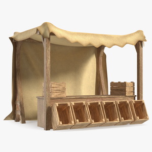 Wooden Market Stall with Beige Awning 3D