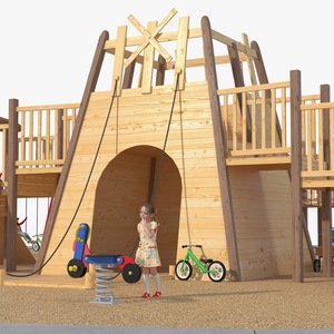 Wooden Playground with Children Playing 3D model