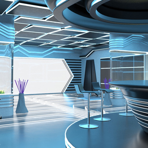 3D Futuristic Bar Interior Blue Lights On model