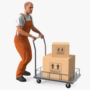 3D model Worker with Trolley Low Platform Railing Cardboard Boxes Fur