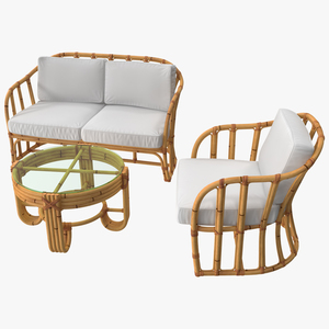 Vintage Bamboo Furniture with Cushions Set 3D