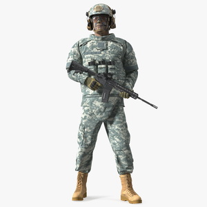 3D Soldier in Grey Tactical Gear with Rifle Standing Fur model