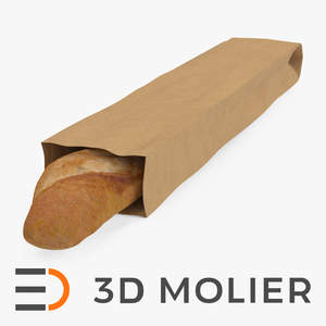 Kraft Paper Bag with Baguette 3D model