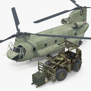 Forklift Loads Cargo to the Transport Helicopter CH 47 Chinook Rigged 3D model