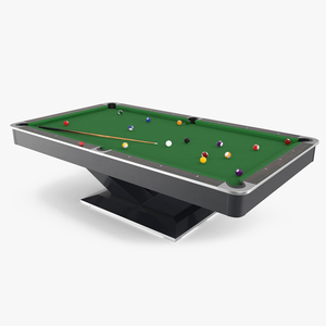 Professional American Pool Table Green with Balls and Cue 3D