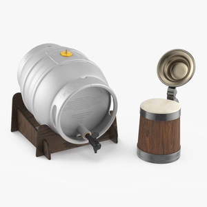 3D Barrel of Beer with Full Antique Silver and Oak Mug