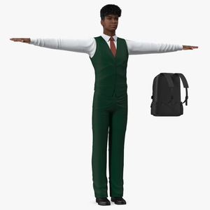 3D Black Teenager Light Skin School Uniform Neutral Pose model