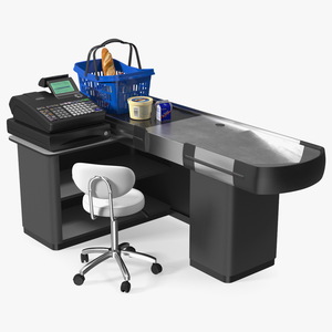 3D Retail Checkout Counter Grey with Groceries model